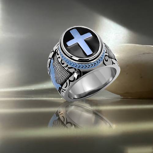 Blue catholic cross ring